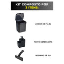 Kit Cozinha 3 Peças – Lixeira Rattan 5L Preta + Porta Detergente + Rodinho de Pia
