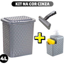 Kit Cozinha 3 Peças – Lixeira Rattan 5L Preta + Porta Detergente + Rodinho de Pia