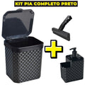Kit Cozinha 3 Peças – Lixeira Rattan 5L Preta + Porta Detergente + Rodinho de Pia
